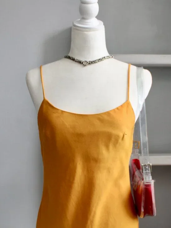 ASOS Mustard Yellow Linen Blend Slip Mini Spaghetti Strap Slit Dress Size 6 US - Picture 7 of 8